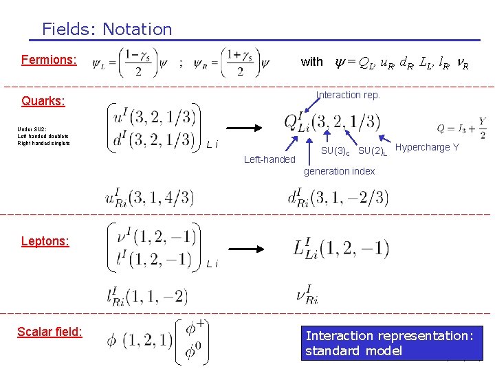 Fields: Notation with y = QL, u. R, d. R, LL, l. R, R