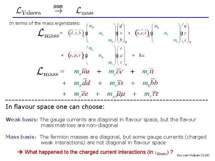 SSB : The Fermion Masses In terms of the mass eigenstates: In flavour space