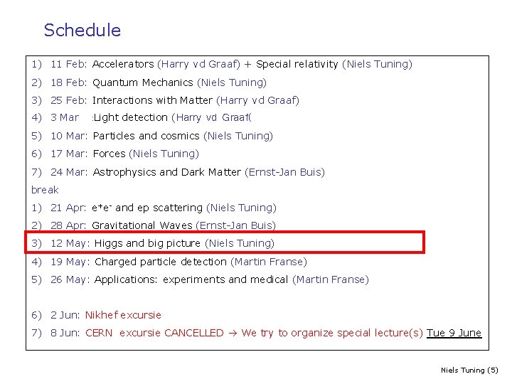 Schedule 1) 11 Feb: Accelerators (Harry vd Graaf) + Special relativity (Niels Tuning) 2)