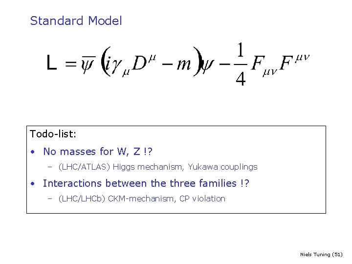 Standard Model Todo-list: • No masses for W, Z !? – (LHC/ATLAS) Higgs mechanism,