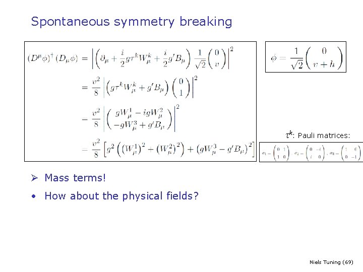 Spontaneous symmetry breaking τk: Pauli matrices: Ø Mass terms! • How about the physical