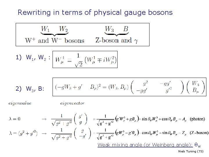 Rewriting in terms of physical gauge bosons 1) W 1, W 2 : 2)