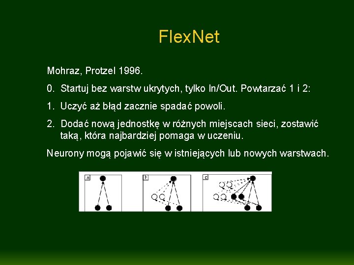 Flex. Net Mohraz, Protzel 1996. 0. Startuj bez warstw ukrytych, tylko In/Out. Powtarzać 1