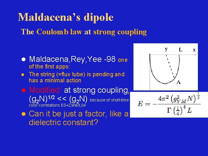 Maldacena’s dipole The Coulomb law at strong coupling l Maldacena, Rey, Yee -98 one
