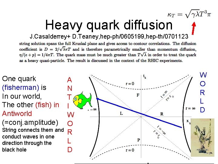 Heavy quark diffusion J. Casalderrey+ D. Teaney, hep-ph/0605199, hep-th/0701123 One quark (fisherman) is In
