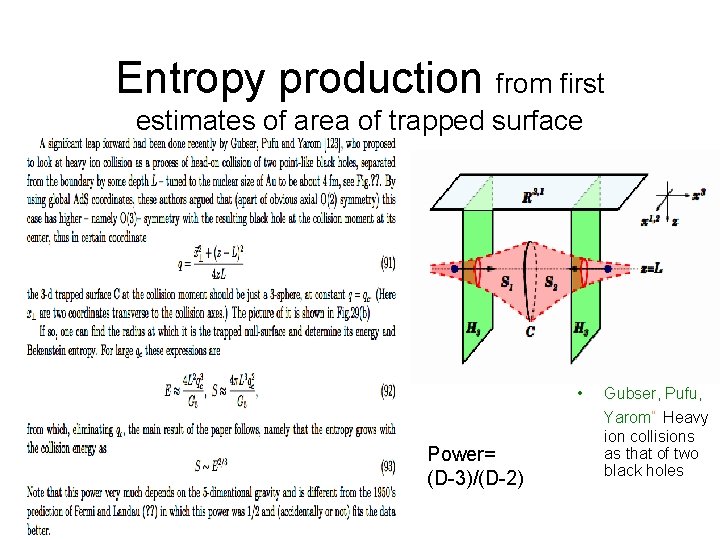 Entropy production from first estimates of area of trapped surface • • Power= (D-3)/(D-2)