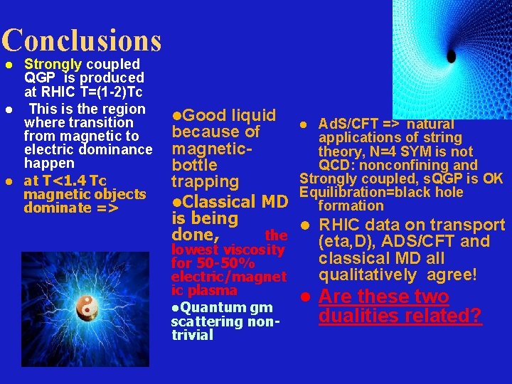 Conclusions Strongly coupled QGP is produced at RHIC T=(1 -2)Tc l This is the