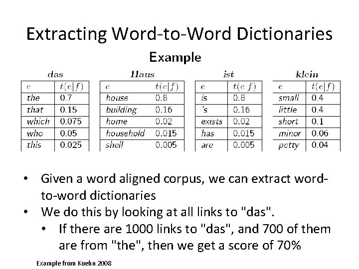 Extracting Word-to-Word Dictionaries • Given a word aligned corpus, we can extract wordto-word dictionaries