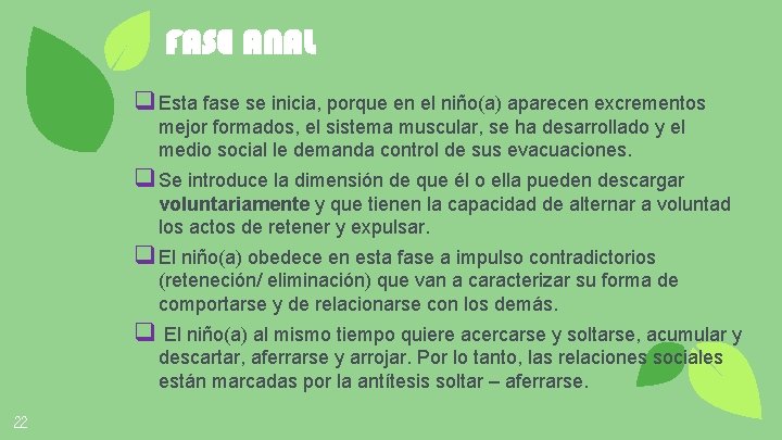 FASE ANAL q Esta fase se inicia, porque en el niño(a) aparecen excrementos mejor