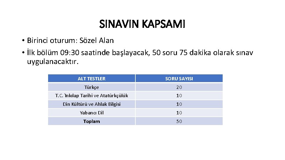 SINAVIN KAPSAMI • Birinci oturum: Sözel Alan • İlk bölüm 09: 30 saatinde başlayacak,