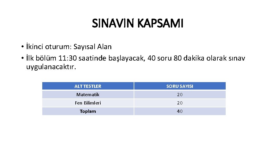 SINAVIN KAPSAMI • İkinci oturum: Sayısal Alan • İlk bölüm 11: 30 saatinde başlayacak,