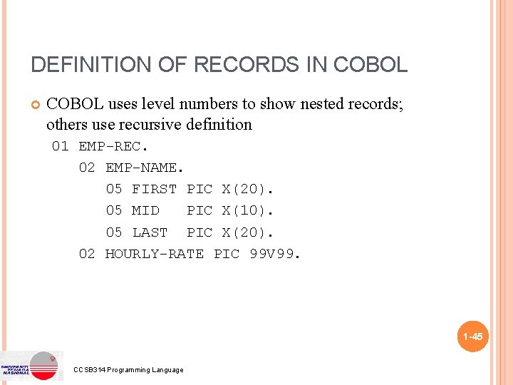 DEFINITION OF RECORDS IN COBOL uses level numbers to show nested records; others use