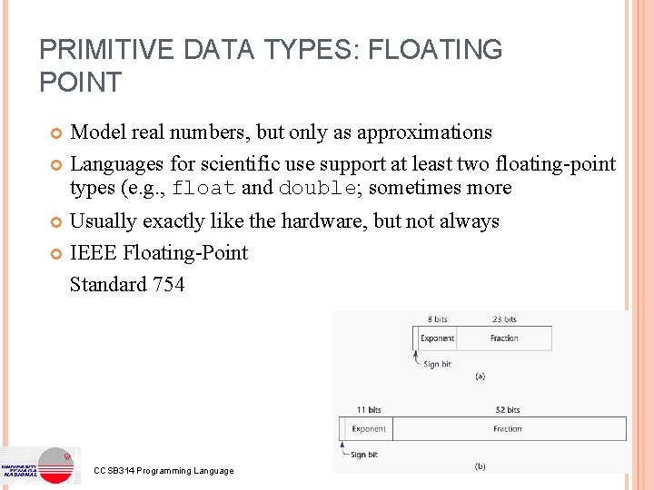 PRIMITIVE DATA TYPES: FLOATING POINT Model real numbers, but only as approximations Languages for