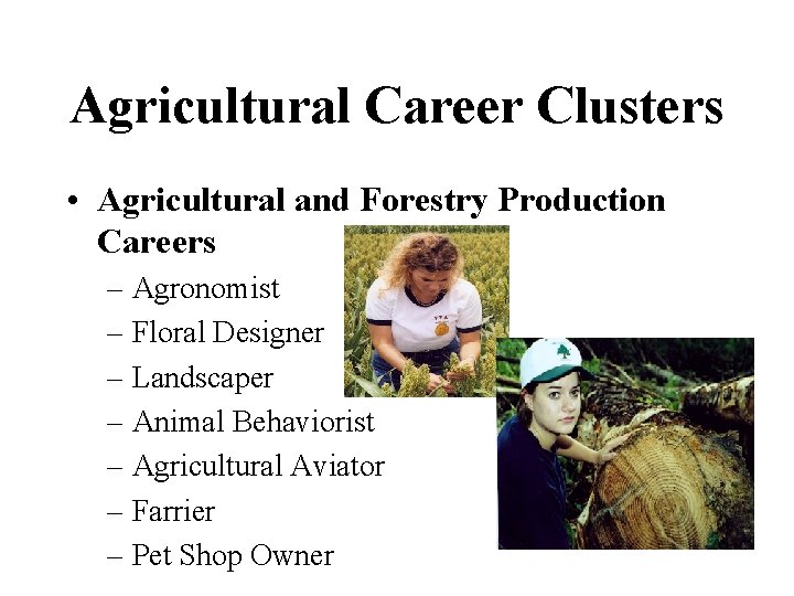 Agricultural Career Clusters • Agricultural and Forestry Production Careers – Agronomist – Floral Designer