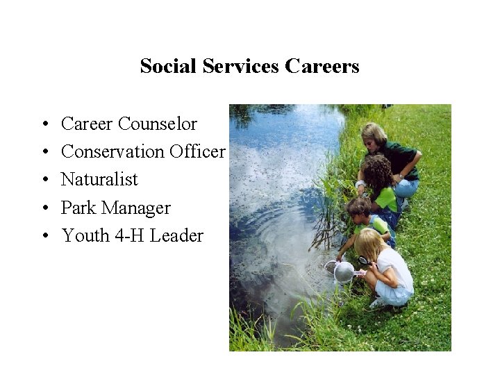 Social Services Careers • • • Career Counselor Conservation Officer Naturalist Park Manager Youth