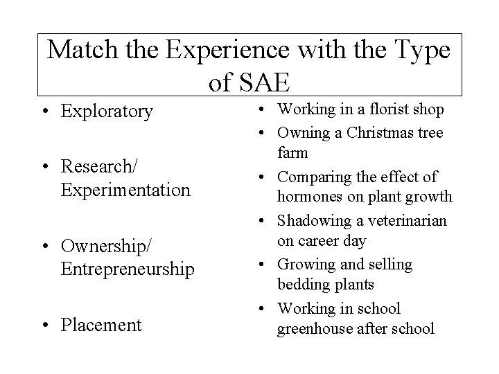 Match the Experience with the Type of SAE • Exploratory • Research/ Experimentation •