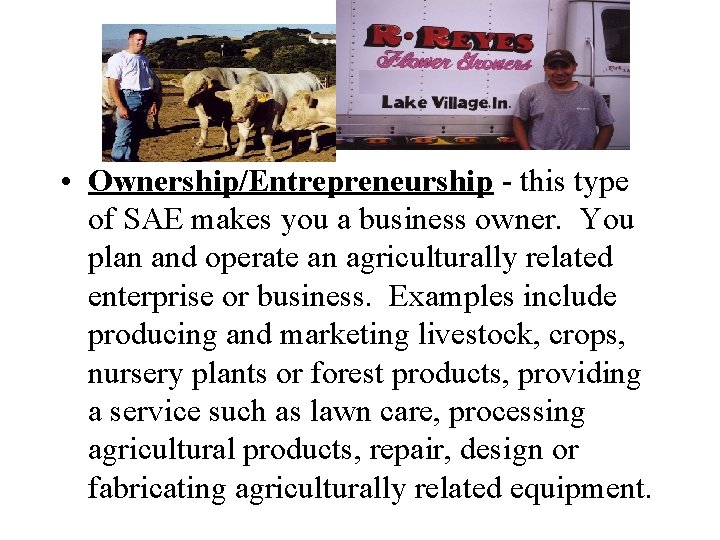  • Ownership/Entrepreneurship - this type of SAE makes you a business owner. You