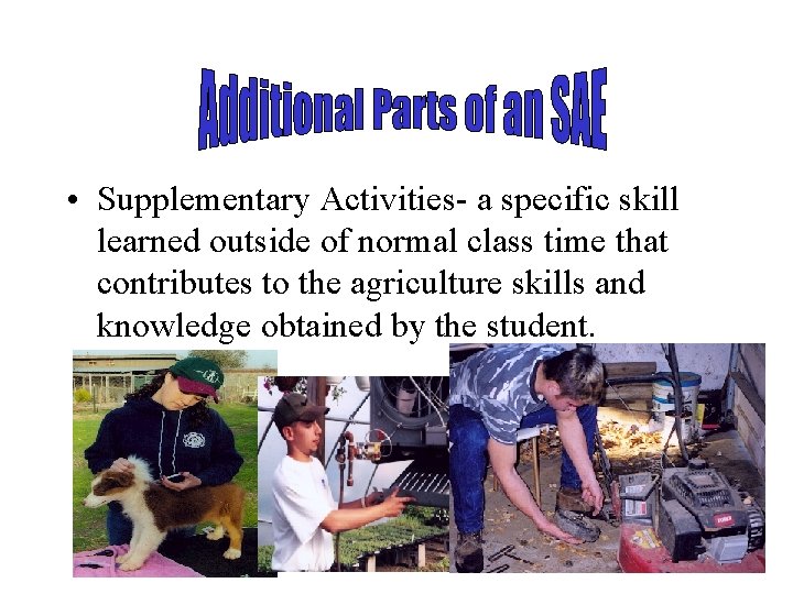  • Supplementary Activities- a specific skill learned outside of normal class time that