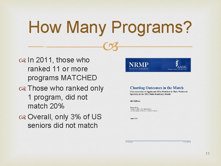 How Many Programs? In 2011, those who ranked 11 or more programs MATCHED Those
