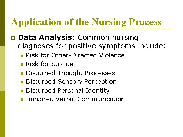 Application of the Nursing Process p Data Analysis: Common nursing diagnoses for positive symptoms