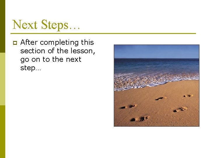 Next Steps… p After completing this section of the lesson, go on to the