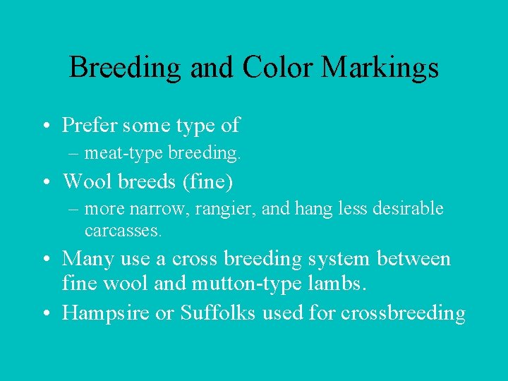 Breeding and Color Markings • Prefer some type of – meat-type breeding. • Wool