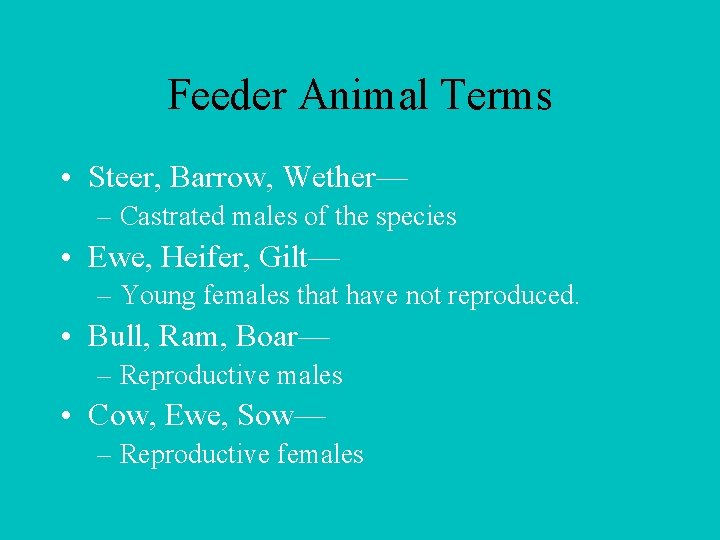 Feeder Animal Terms • Steer, Barrow, Wether— – Castrated males of the species •