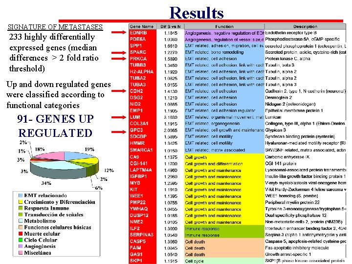 Results SIGNATURE OF METASTASES 233 highly differentially expressed genes (median differences > 2 fold