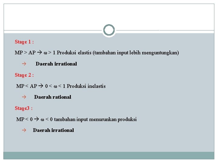Stage 1 : MP > AP ω > 1 Produksi elastis (tambahan input lebih