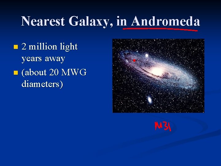 Nearest Galaxy, in Andromeda 2 million light years away n (about 20 MWG diameters)