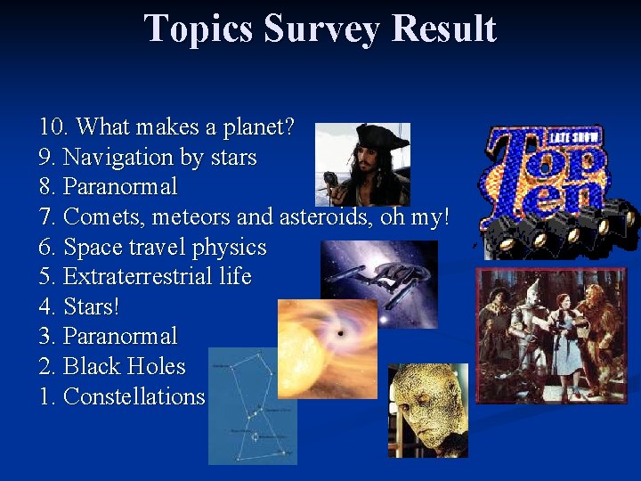 Topics Survey Result 10. What makes a planet? 9. Navigation by stars 8. Paranormal