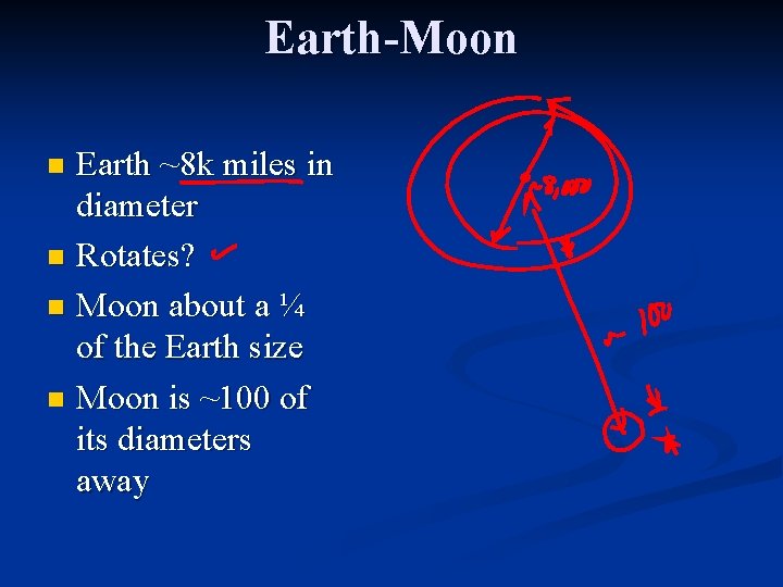 Earth-Moon Earth ~8 k miles in diameter n Rotates? n Moon about a ¼