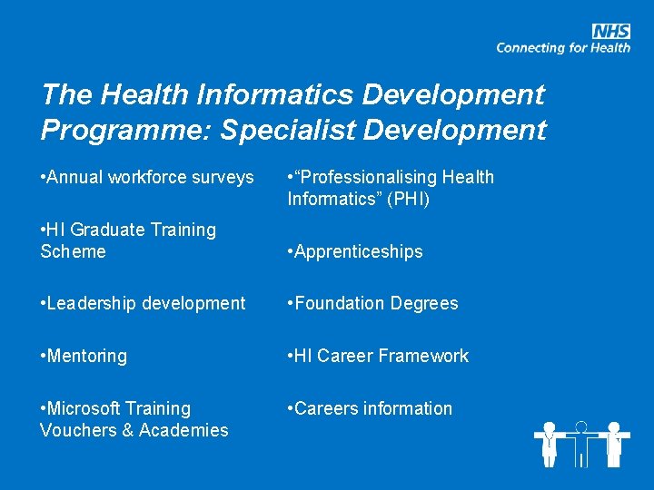 The Health Informatics Development Programme: Specialist Development • Annual workforce surveys • “Professionalising Health
