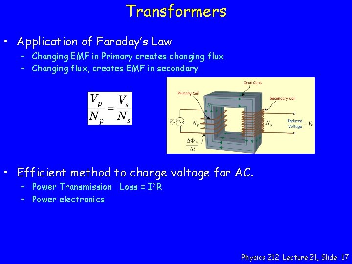 Transformers • Application of Faraday’s Law – Changing EMF in Primary creates changing flux