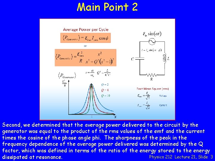 Main Point 2 Second, we determined that the average power delivered to the circuit