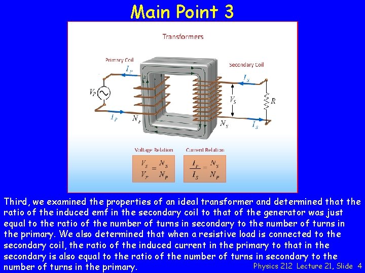 Main Point 3 Third, we examined the properties of an ideal transformer and determined