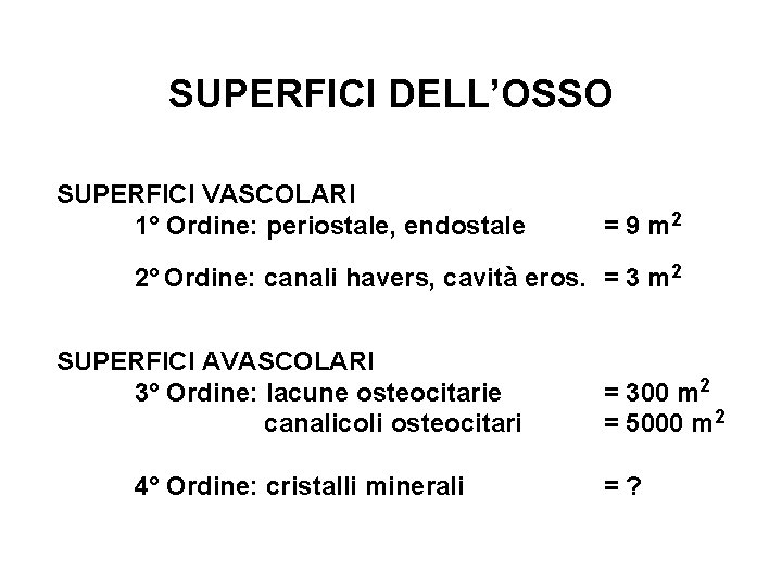 SUPERFICI DELL’OSSO SUPERFICI VASCOLARI 1° Ordine: periostale, endostale = 9 m 2 2° Ordine: