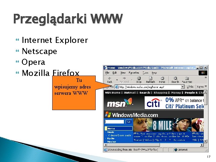 Przeglądarki WWW Internet Explorer Netscape Opera Mozilla Firefox Tu wpisujemy adres serwera WWW 17