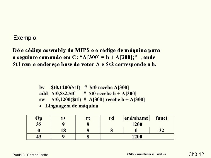 Exemplo: Dê o código assembly do MIPS e o código de máquina para o