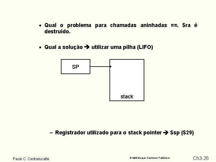 · Qual o problema para chamadas aninhadas ==. $ra é destruído. · Qual a