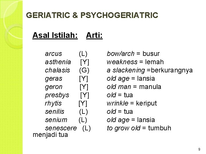 GERIATRIC & PSYCHOGERIATRIC Asal Istilah: Arti: arcus (L) asthenia [Y] chalasis (G) geras [Y]