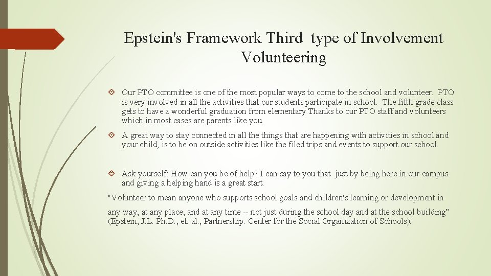 Epstein's Framework Third type of Involvement Volunteering Our PTO committee is one of the