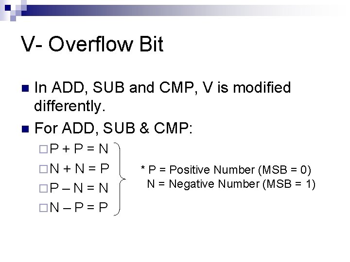 V- Overflow Bit In ADD, SUB and CMP, V is modified differently. n For