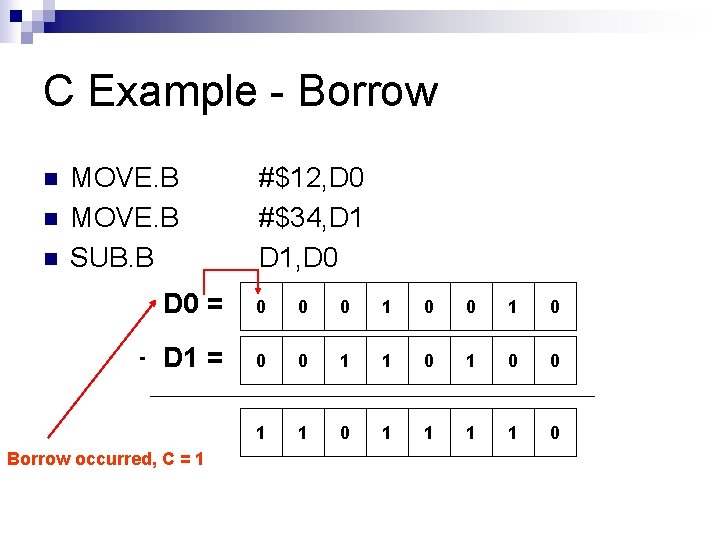 C Example - Borrow n n n MOVE. B SUB. B - #$12, D