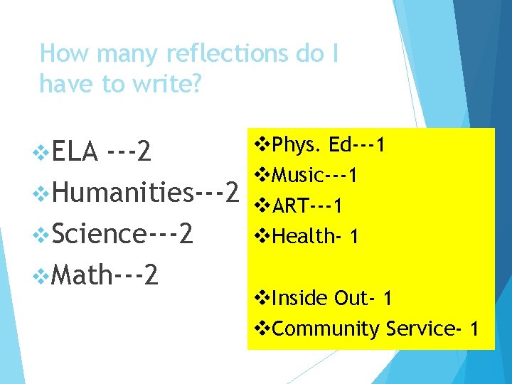 How many reflections do I have to write? v. ELA ---2 v. Humanities---2 v.