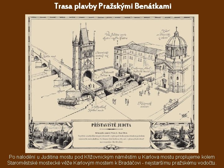 Trasa plavby Pražskými Benátkami Po nalodění u Juditina mostu pod Křižovnickým náměstím u Karlova