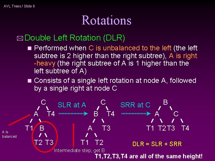 AVL Trees / Slide 6 Rotations * Double Left Rotation (DLR) Performed when C