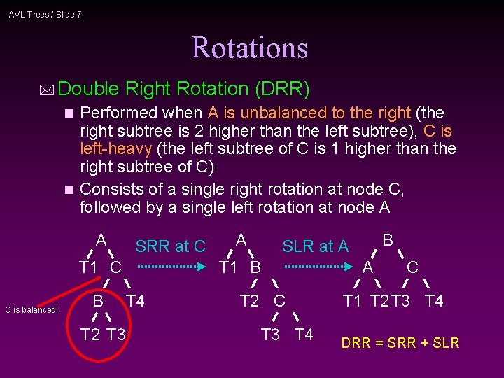 AVL Trees / Slide 7 Rotations * Double Right Rotation (DRR) Performed when A