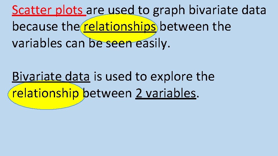 Scatter plots are used to graph bivariate data because the relationships between the variables