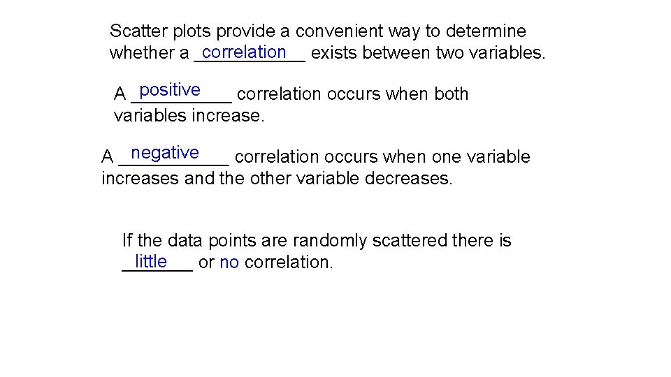 Scatter plots provide a convenient way to determine correlation exists between two variables. whether